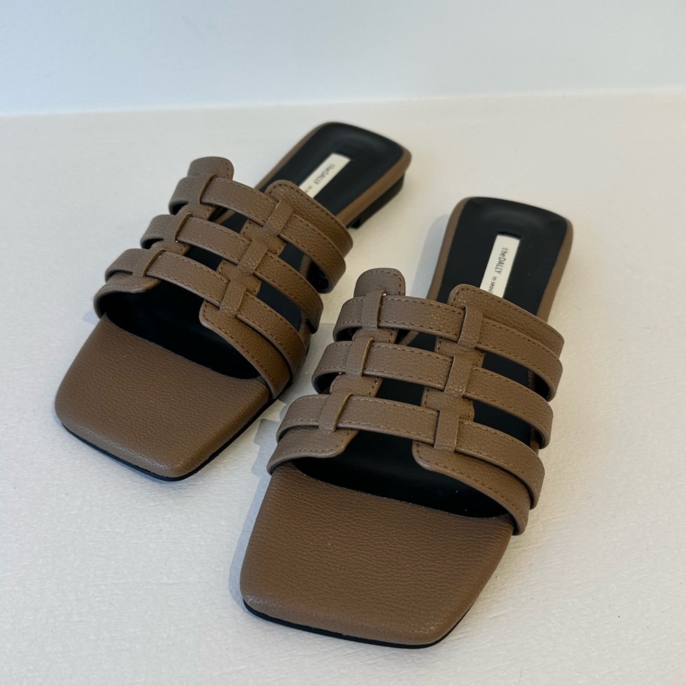 Brown leather square toe woven sandals
